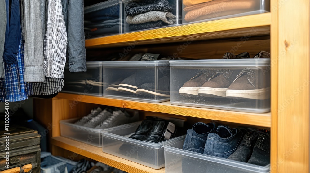 Organized closet storage with clear plastic bins showcasing neatly arranged shoes, clothing, and accessories for optimal space utilization and minimalist aesthetics. Organized closet storage with clear plastic bins showcasing neatly arranged shoes, clothing, and accessories for optimal space utilization and minimalist aesthetics.