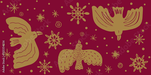 Photography Hand drawn ornament seamless pattern with birds and snowflakes