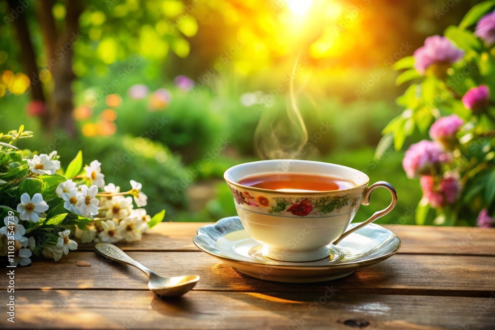 A Serene Moment: A Warm Cup of Tea on a Delicate Saucer Surrounded by Natural Light in a Tranquil Outdoor Setting A Serene Moment: A Warm Cup of Tea on a Delicate Saucer Surrounded by Natural Light in a Tranquil Outdoor Setting