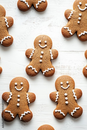 A festive arrangement of gingerbread men cookies, decorated with white icing and surrounded by pine cones.