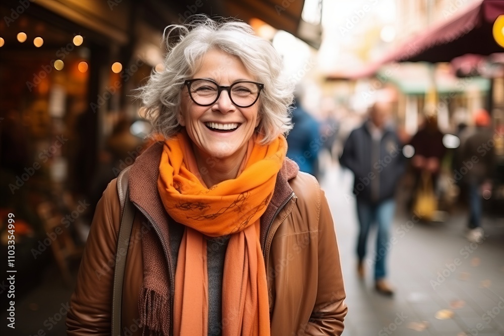 Portrait of a happy senior woman walking on the street at Christmas time Portrait of a happy senior woman walking on the street at Christmas time