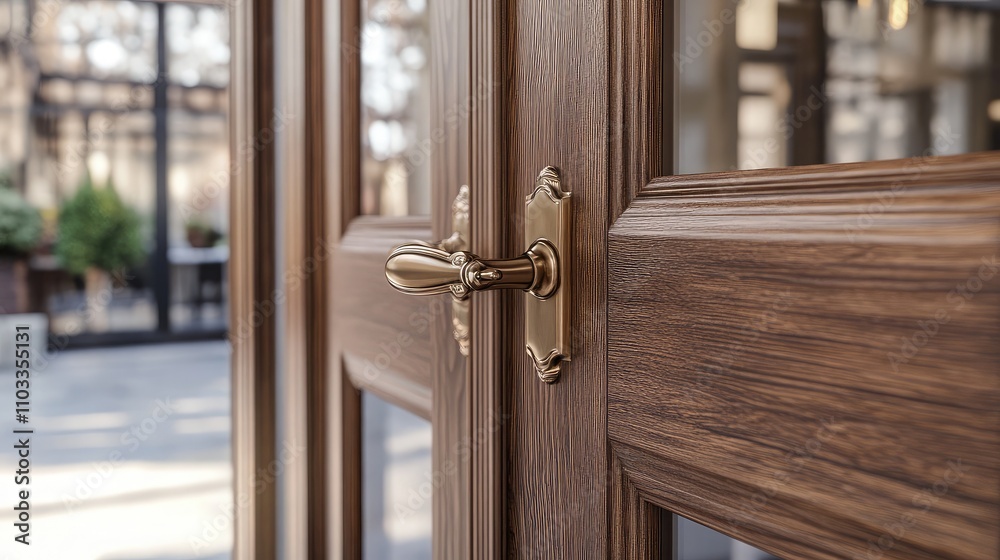 Obraz premium Elegant Close-Up of A Classic Wooden Door with Brass Handle Showcasing Architectural Detail and Surrounding Natural Light for Interior Design Inspiration