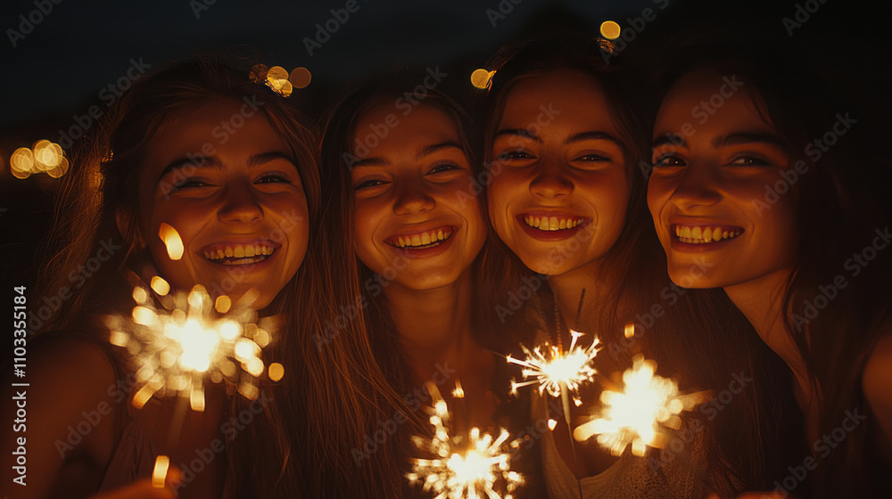 A group of friends enjoys the festivities with sparklers, celebrating the New Year. A group of friends enjoys the festivities with sparklers, celebrating the New Year.