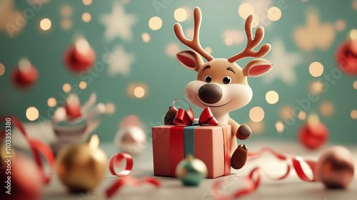 A cheerful reindeer surrounded by colorful presents and ornaments, ready to spread holiday cheer.