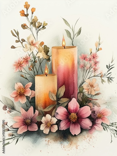 watercolor painting of two lit candles surrounded by delicate flowers and foliage.