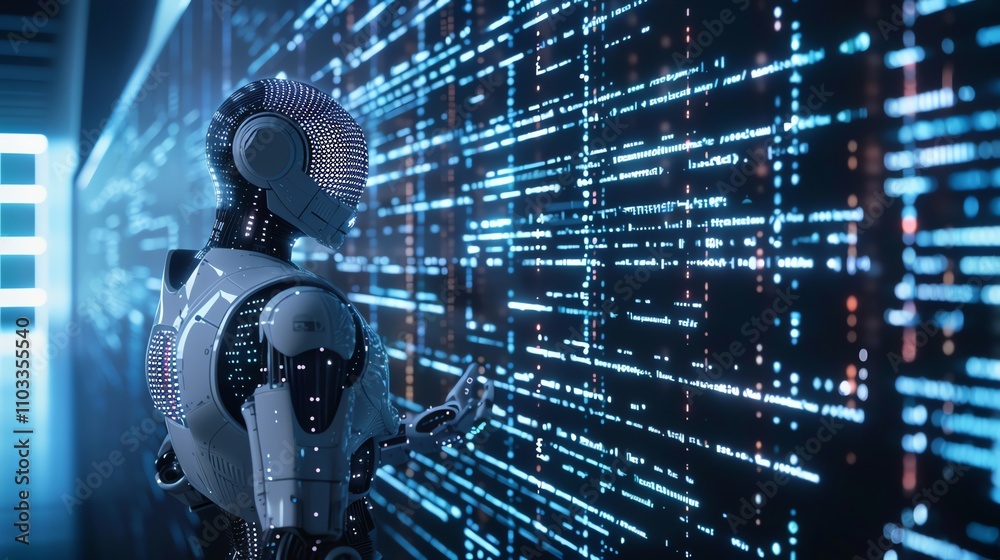 A white humanoid robot interacts with a digital screen full of data and graphs. A white humanoid robot interacts with a digital screen full of data and graphs.