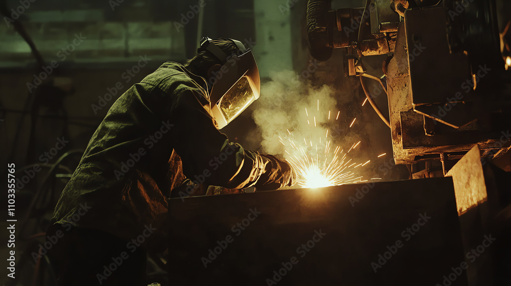 A professional welder in a workshop, wearing a protective helmet and gloves A professional welder in a workshop, wearing a protective helmet and gloves