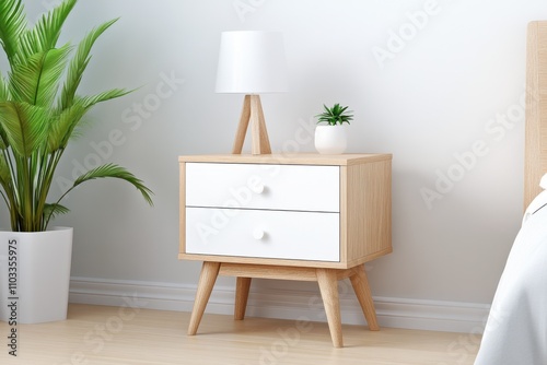 Chic nightstand with lamp & plant functional minimalist design for contemporary bedroom aesthetic