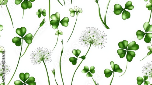 Vibrant Clover Leaves Pattern with Seamless Repetition and Natural Textures