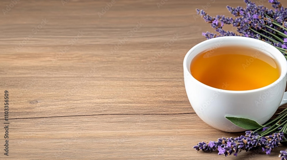 Obraz premium a photostock of a single teacup with herbal tea and a sprig of lavender, soothing still life 2025