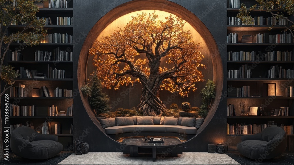 Serene library with circular alcove, tree, seating, and bookshelves. Serene library with circular alcove, tree, seating, and bookshelves.