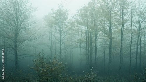 A foggy forest with tall trees and colorful flowers in front