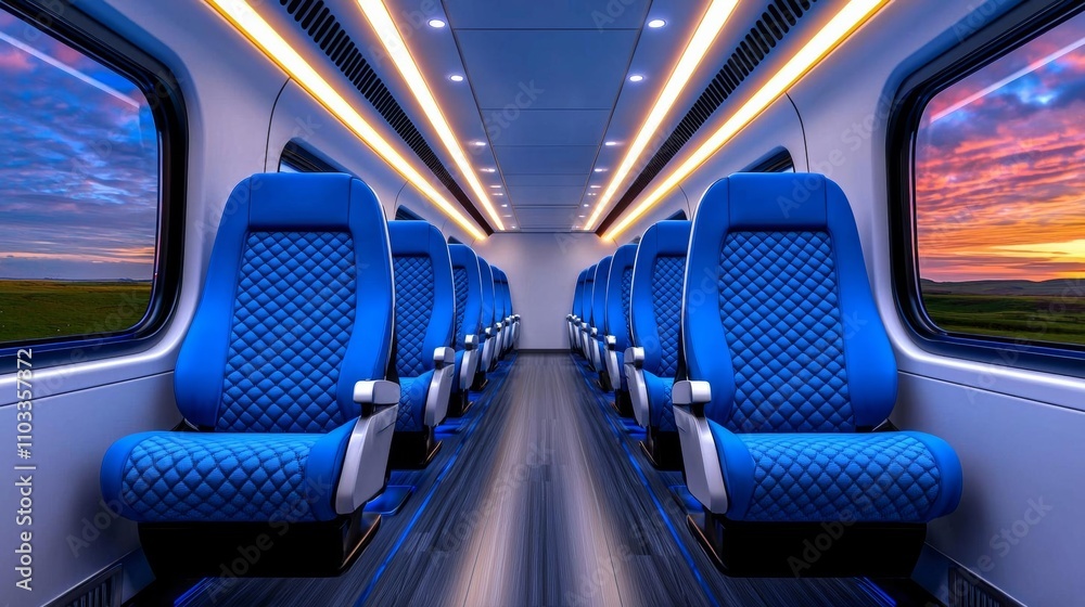 a photostock of a sleek train interior with geometric seats and soft lighting, comfortable commuting 2025 a photostock of a sleek train interior with geometric seats and soft lighting, comfortable commuting 2025