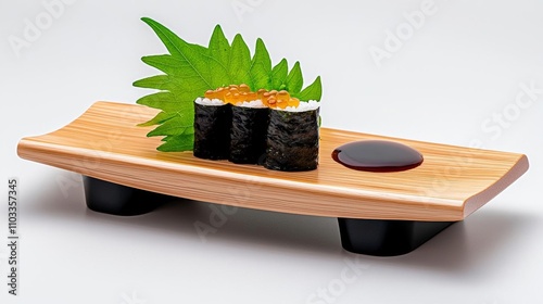 a photostock of a sleek sushi tray with nigiri and soy sauce, modern dining 2025 photo