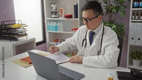 Wallpaper Mural Asian male doctor working at laptop in clinic office with stethoscope, writing notes on notepad, surrounded by medical equipment and plants for a professional healthcare setting. Torontodigital.ca