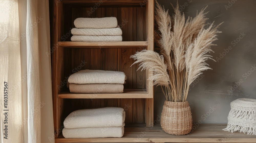 Cozy and Inviting Bathroom Shelf Arrangement with Soft Towels and Elegant Pampas Grass in a Modern Rustic Setting for Home Decor Inspiration Cozy and Inviting Bathroom Shelf Arrangement with Soft Towels and Elegant Pampas Grass in a Modern Rustic Setting for Home Decor Inspiration