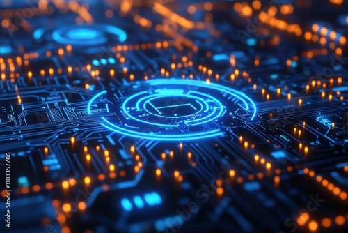 Futuristic Circuit Board with Glowing Blue and Orange Lights Depicting Advanced Technology and Digital Innovation