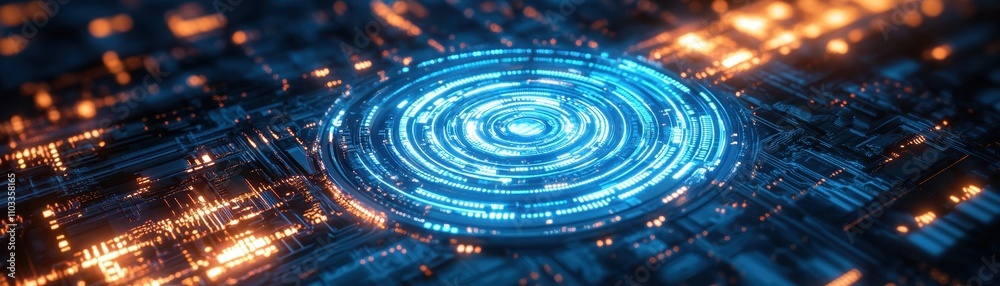 Futuristic Digital Circuit Board with Glowing Blue and Orange Lights in a High-Tech Abstract Design Futuristic Digital Circuit Board with Glowing Blue and Orange Lights in a High-Tech Abstract Design