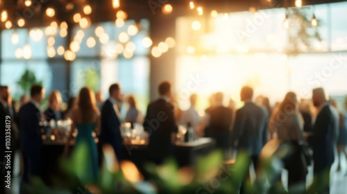 Business conference lobby with people standing and socializing, blurry background of professional figures in the distance