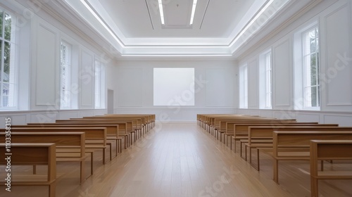A minimalist interior of a spacious, well-lit room with wooden benches facing a blank wall, creating a serene and inviting atmosphere.