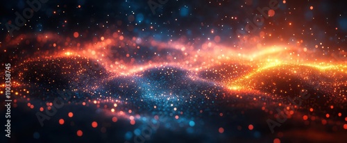 futuristic digital network background featuring glowing light and interconnected data dots in shades of blue orange and red depicting the concept of big data technology