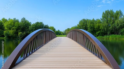 a photostock of a symmetrical bridge structure with sleek metallic details over calm water, innovative engineering 2025