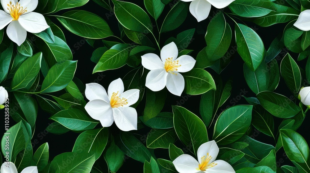 Lush Green Foliage with Delicate White Blooms in Peaceful Natural Setting