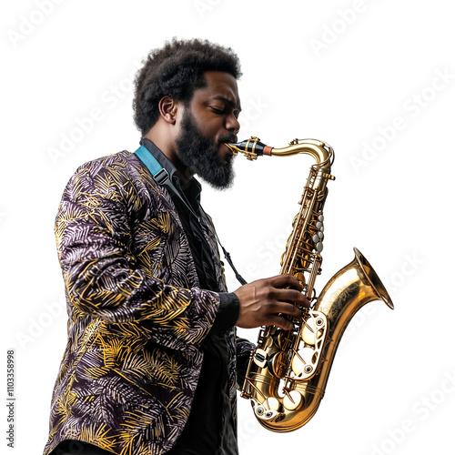 Man playing jazz music on his saxophone isolated on a transparent background