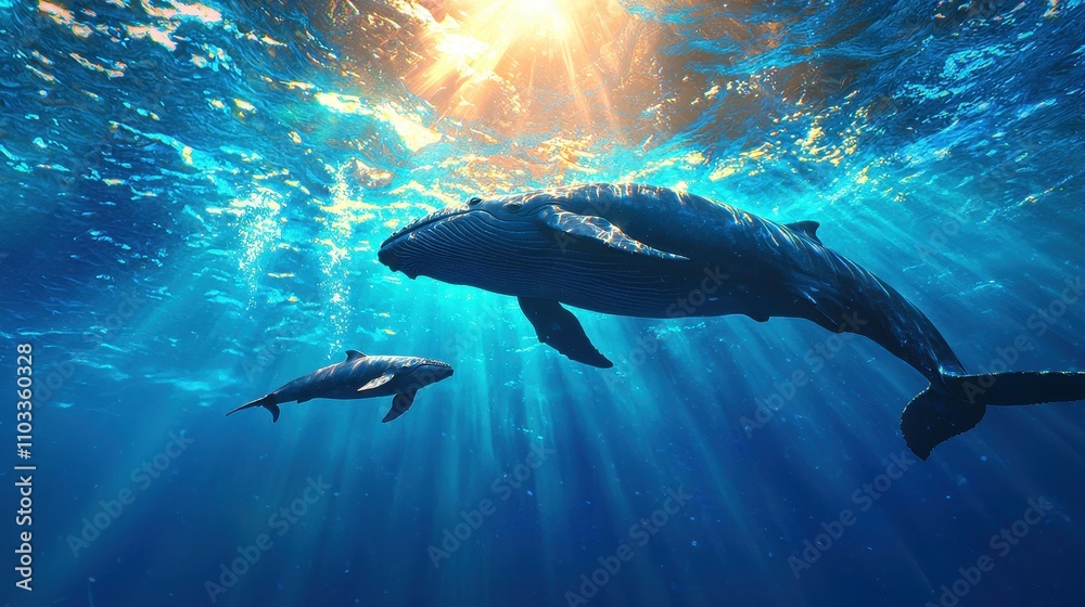 Whales swimming gracefully in the ocean underwater photography natural habitat serene environment aquatic life concepts Whales swimming gracefully in the ocean underwater photography natural habitat serene environment aquatic life concepts