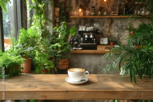 Wallpaper Mural Cozy Urban Coffee Shop Interior with Lush Green Plants and Latte on Wooden Counter in Natural Sunlight Torontodigital.ca
