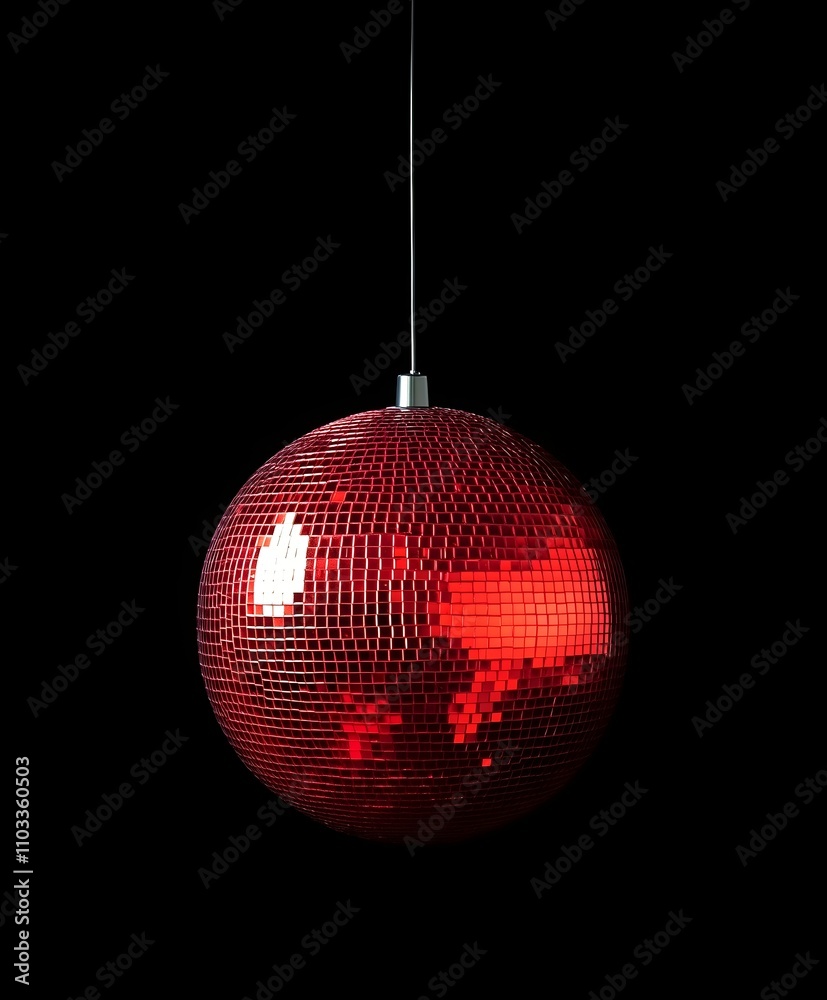 Fototapeta premium Vibrant Red Disco Ball with Reflective Tiles on Black Background - Perfect for Dance Parties, Club Themes, Retro Celebrations, and Event Decor
