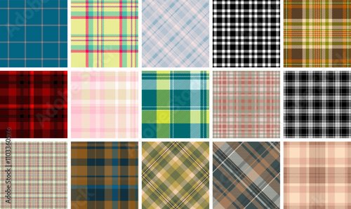 A collection of plaid patterns with colorful checks, ideal for textile, fabric, clothing, or celtic-inspired backgrounds.