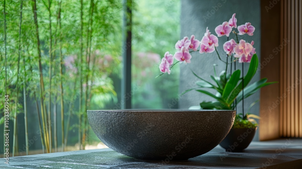 Relaxing spa atmosphere with bamboo and orchid accents Relaxing spa atmosphere with bamboo and orchid accents