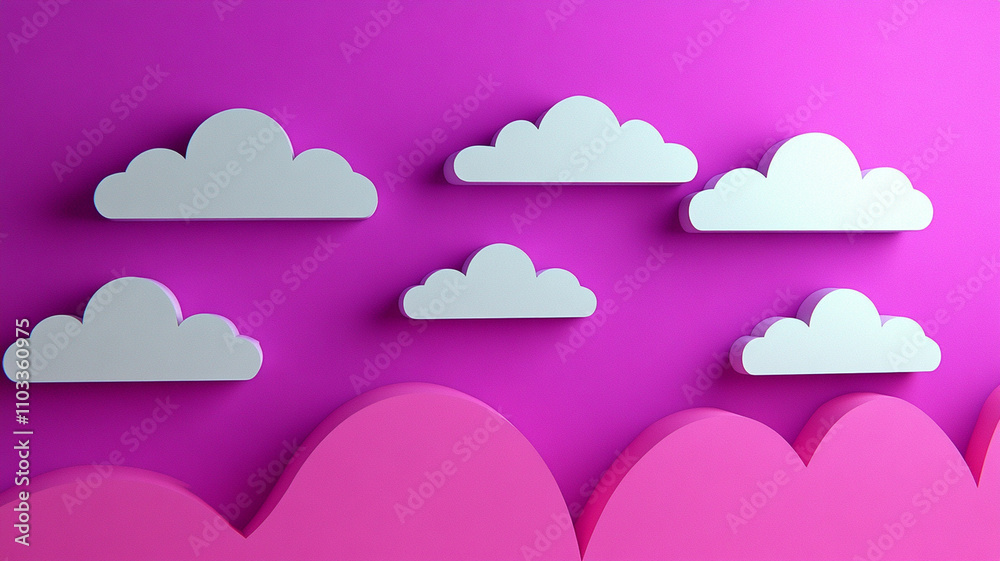 playful scene featuring white clouds against vibrant pink background, creating cheerful and whimsical atmosphere. This design is perfect for childrens decor or playful branding playful scene featuring white clouds against vibrant pink background, creating cheerful and whimsical atmosphere. This design is perfect for childrens decor or playful branding