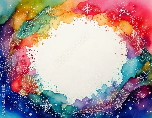 watercolor painting of abstract, colorful christmas shapes with space in the middle photo