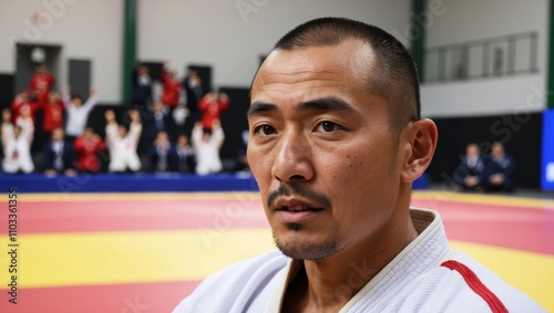 Intense Focus of Japanese Man Competing in Judo Tournament photo