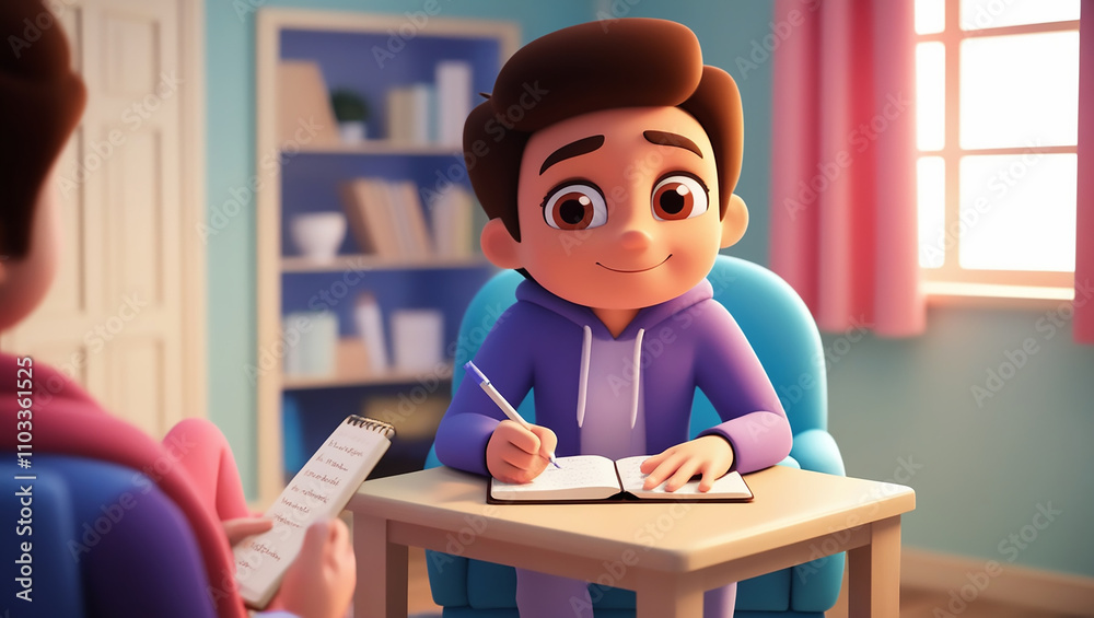 : An animated character sitting in a calming therapy room, holding a journal and writing during a Cognitive Behavioral Therapy (CBT) session. The cozy, well-lit space features soft, pastel colors, : An animated character sitting in a calming therapy room, holding a journal and writing during a Cognitive Behavioral Therapy (CBT) session. The cozy, well-lit space features soft, pastel colors,