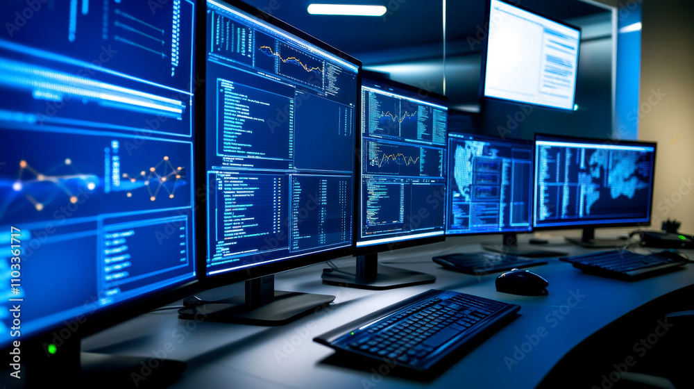 A modern workstation featuring multiple monitors displaying data and code, highlighting a high-tech environment suited for programming or data analysis. A modern workstation featuring multiple monitors displaying data and code, highlighting a high-tech environment suited for programming or data analysis.
