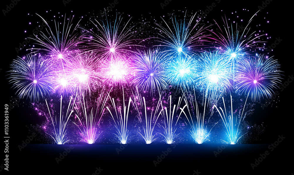 Naklejka premium stunning display of colorful fireworks lighting up night sky, creating vibrant and festive atmosphere. bright bursts of pink, blue, and white sparkles evoke joy and celebration