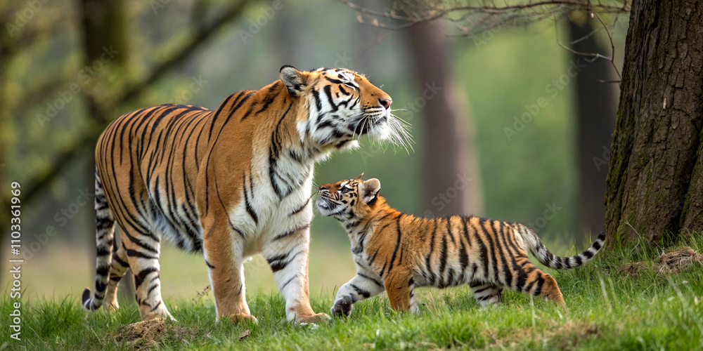 A tiger cub stands next to its mother A tiger cub stands next to its mother