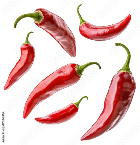 red chili peppers flying isolated on transparent background