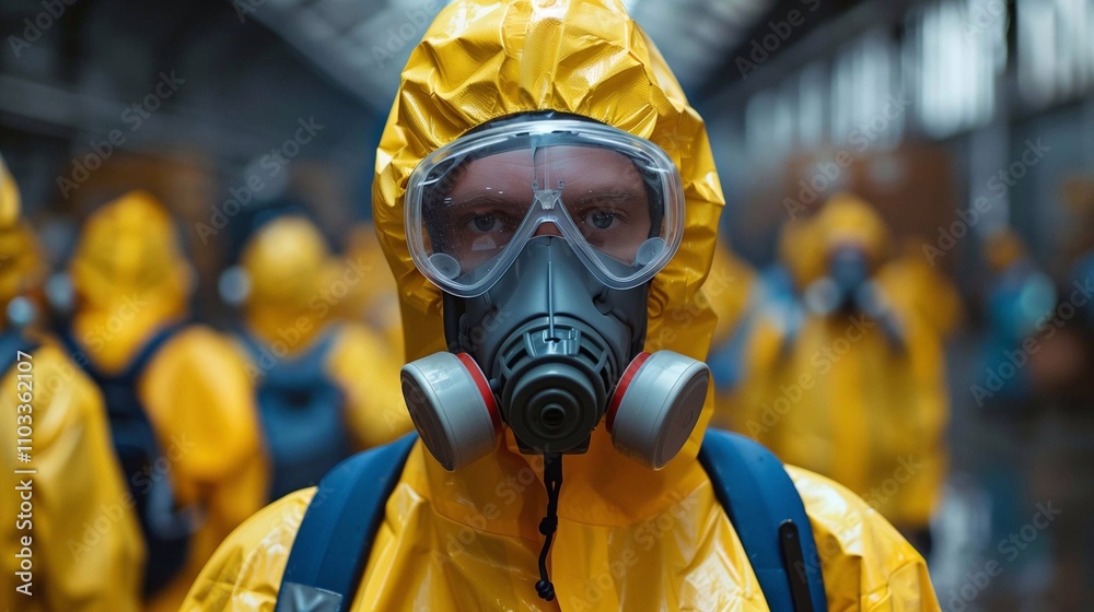 Participants in protective gear conduct anti-radiation training in an industrial setting Participants in protective gear conduct anti-radiation training in an industrial setting