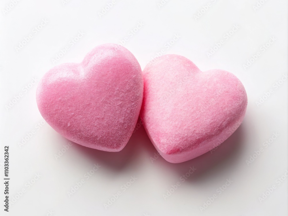 Aerial Photography of Two Pink Valentine's Candy Hearts on a Soft White Background, Perfect for Celebrating Love and Affection During Valentine's Day or Romantic Occasions Aerial Photography of Two Pink Valentine's Candy Hearts on a Soft White Background, Perfect for Celebrating Love and Affection During Valentine's Day or Romantic Occasions