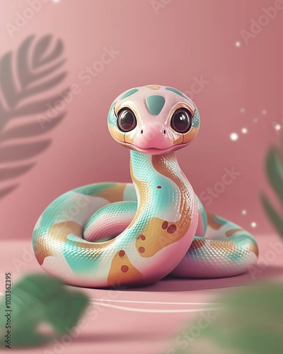 A 3D medium shot of a pastel cartoon snake with glossy teal and pink scales, symbolizing the Chinese Year of the Snake, coiled elegantly on a soft pink backdrop.
