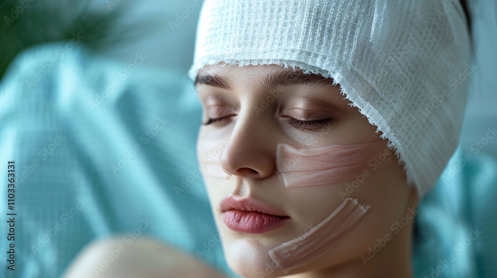 A young woman with a bandage on her head embodies quiet recovery and healing A young woman with a bandage on her head embodies quiet recovery and healing