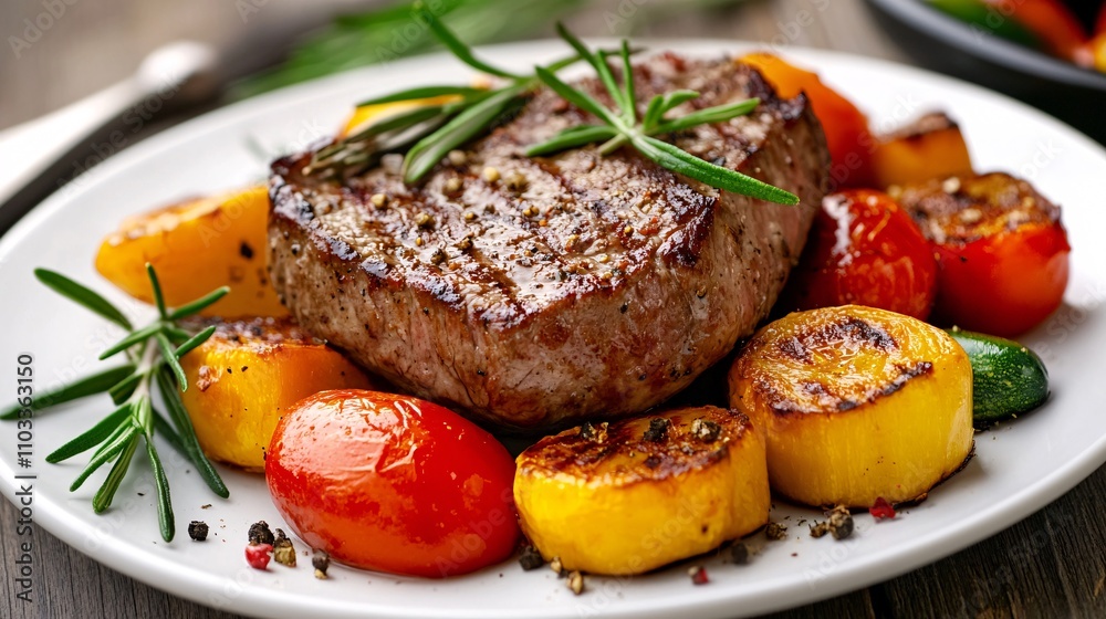 A grilled steak served with roasted vegetables A grilled steak served with roasted vegetables
