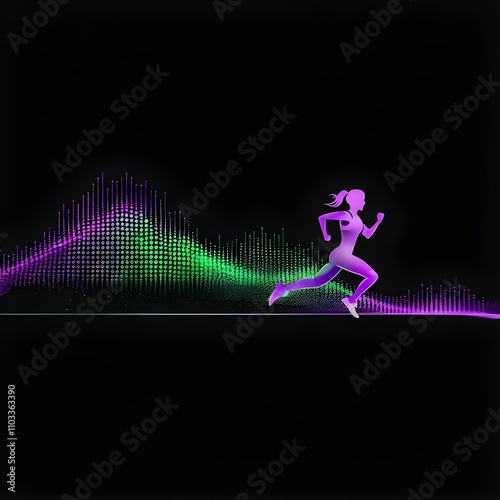 illustration of a wave of data points shaping into a female runner silhouette, conveying speed and precision guided by AI