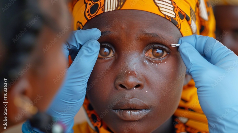 Obraz premium A young girl in a rural area shows concern while receiving trachoma treatment