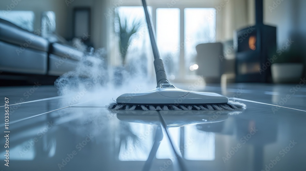 Steam Mop Cleaning Floor in Modern Living Room with Bright Natural Light and Stylish Furniture, Enhancing Home Hygiene and Comfort Steam Mop Cleaning Floor in Modern Living Room with Bright Natural Light and Stylish Furniture, Enhancing Home Hygiene and Comfort