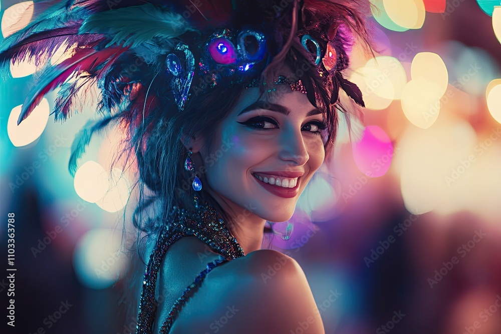 Beautiful woman in a samba costume with feathers, smiling and posing at the party Beautiful woman in a samba costume with feathers, smiling and posing at the party